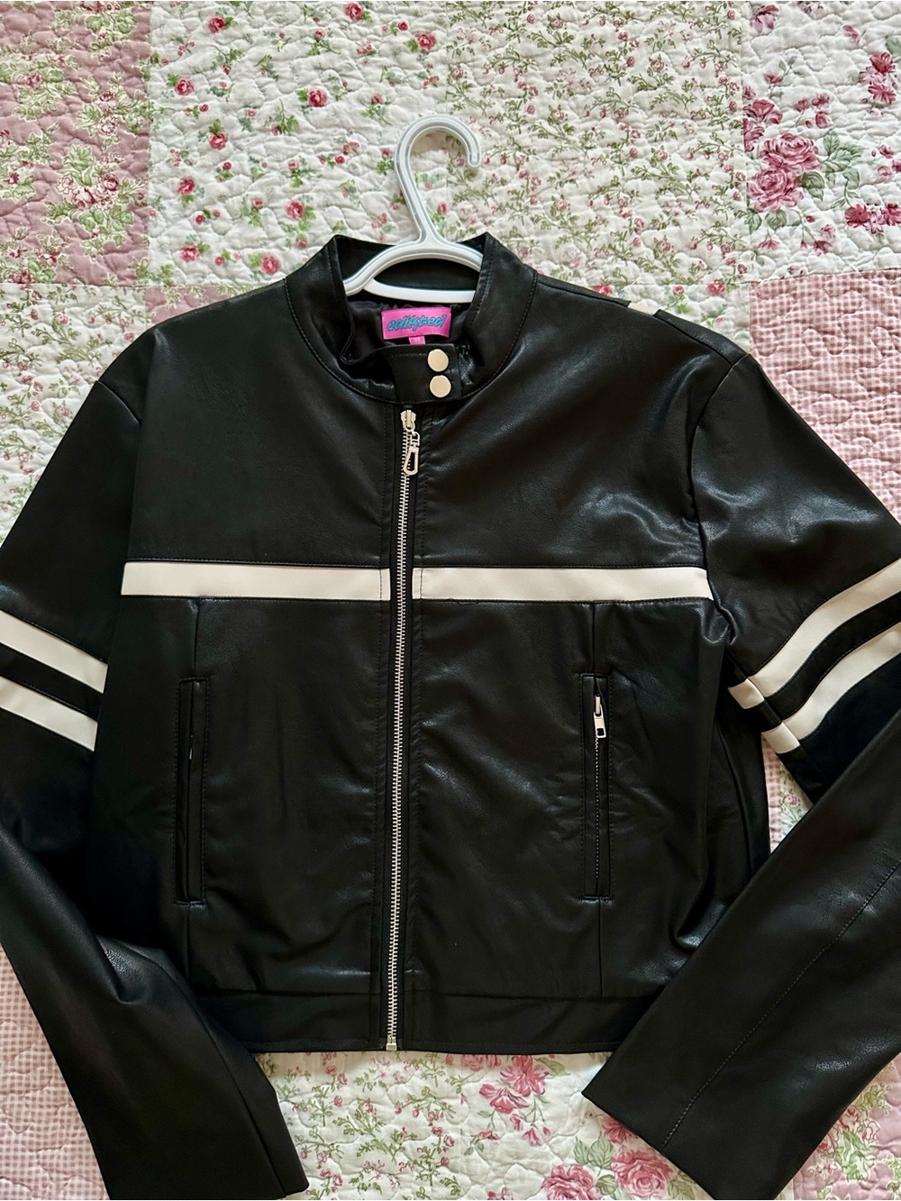 Edikted Oversized Black Faux Leather Jacket with White Stripes